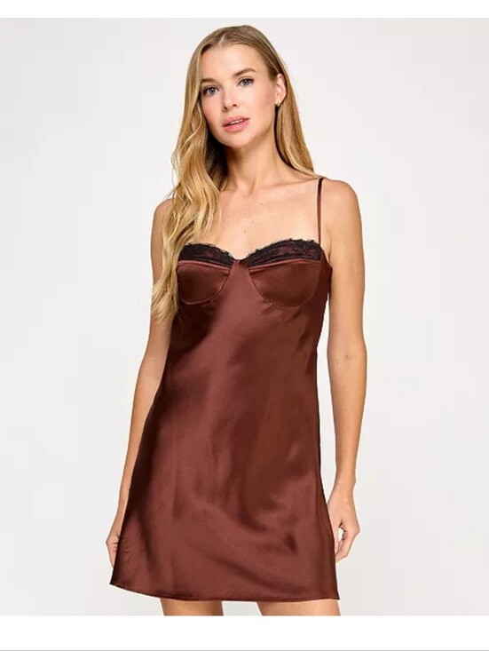 seni & cade Dresses & Skirts - Seni & Cade Slip Dress Women XS Brown Satin Lace Trim Mini Night Out NWT Y2k